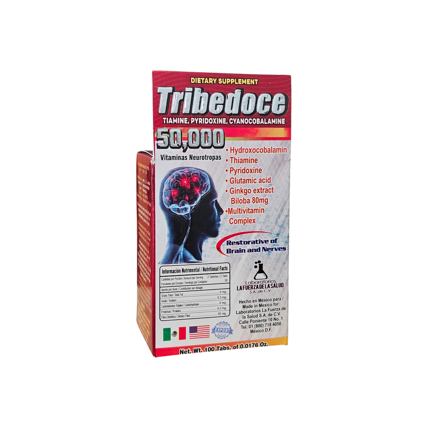 Tribedoce Tiamina, Piridoxina, Cianocobalamina 50,000 Vitaminas Neurotropas, 100 Tabletas.